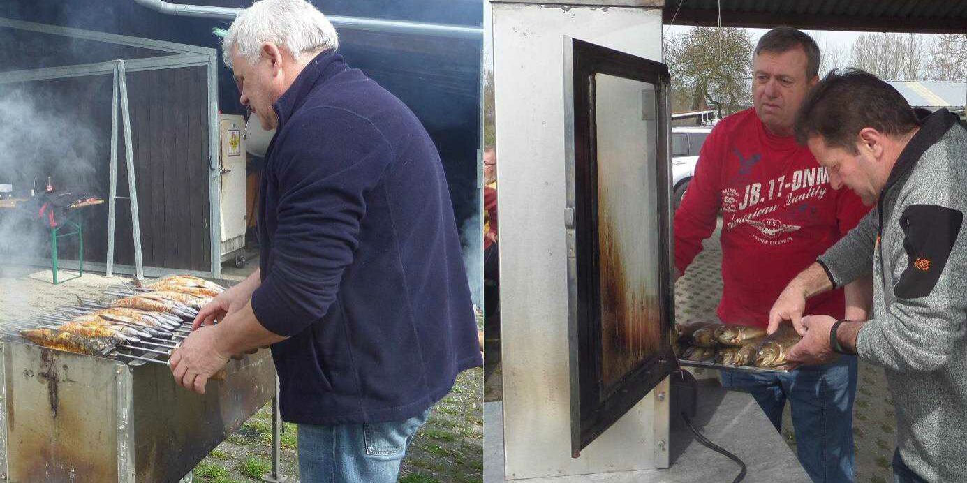 Die Profis sind am Werk! Norbert beim Makrelen grillen und Hannes beim Forellen räuchern!